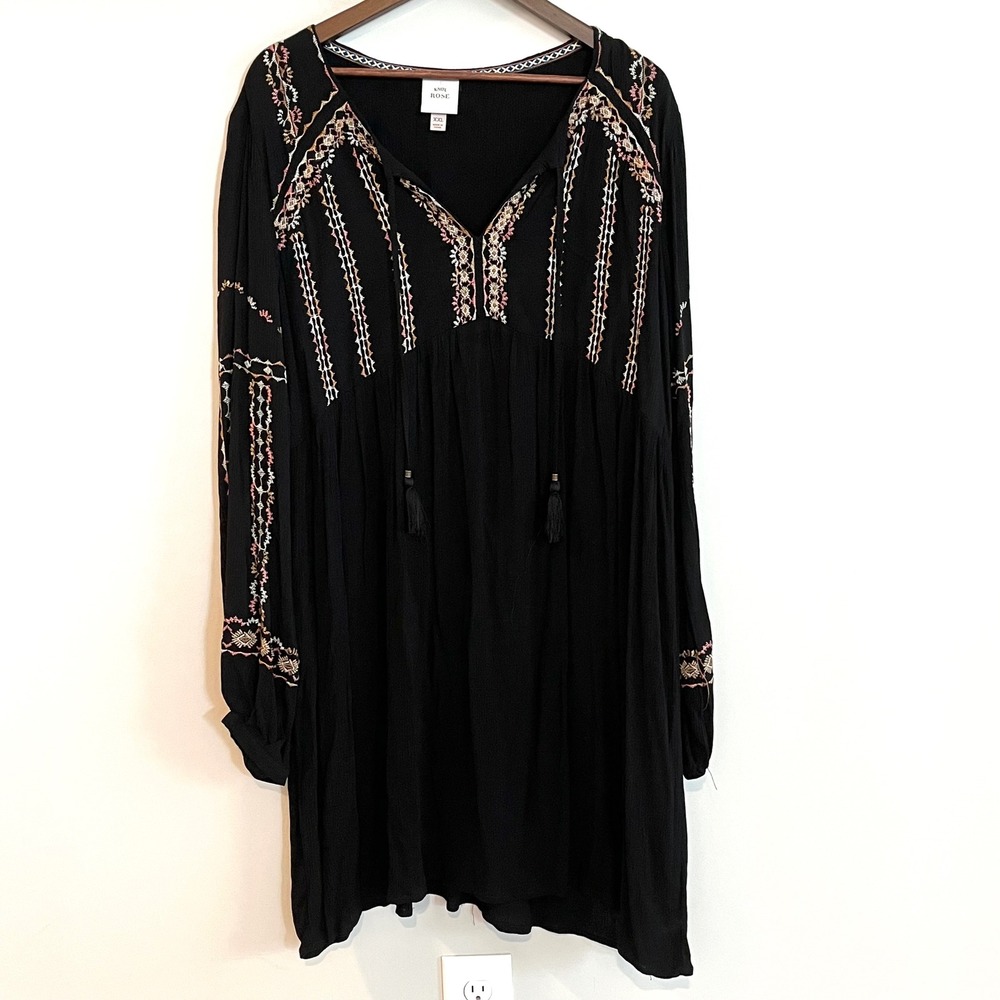 Knox Rose Black Embroidered Boho Peasant Tunic Dress Long Sleeve Tassel XXL